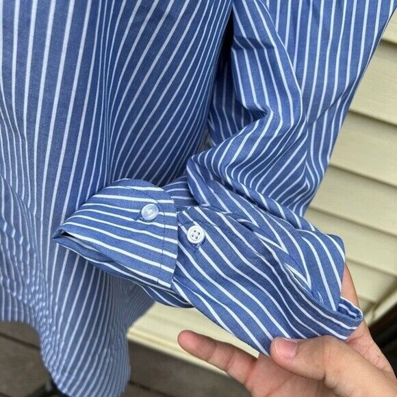 Dress Barn wrinkle resistant blue and white pin striped button up blouse - Picture 6 of 9